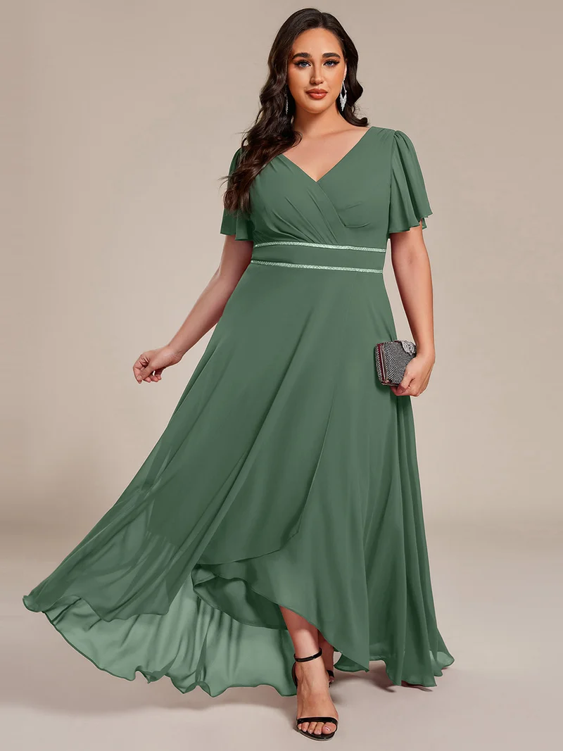 pretty DAKOTA|Robe de soirée longue en mousseline de soie à col en V et strass grande taille