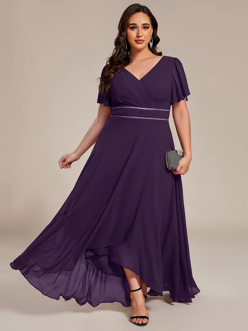 pretty DAKOTA|Robe de soirée longue en mousseline de soie à col en V et strass grande taille