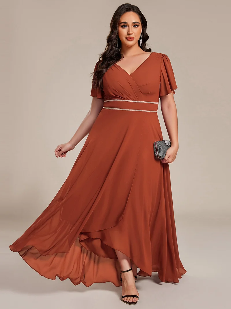pretty DAKOTA|Robe de soirée longue en mousseline de soie à col en V et strass grande taille
