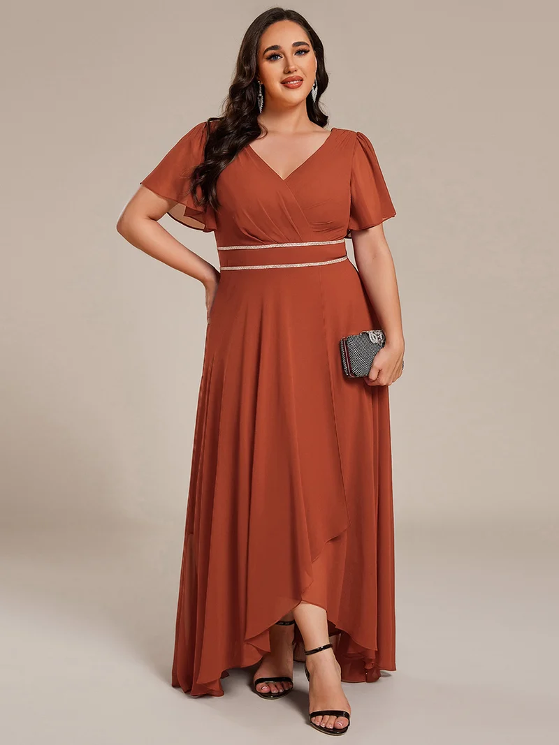 pretty DAKOTA|Robe de soirée longue en mousseline de soie à col en V et strass grande taille