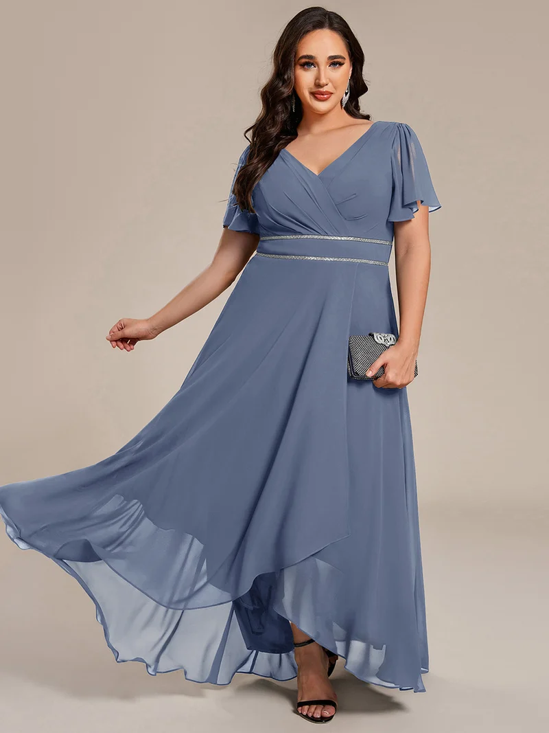 pretty DAKOTA|Robe de soirée longue en mousseline de soie à col en V et strass grande taille