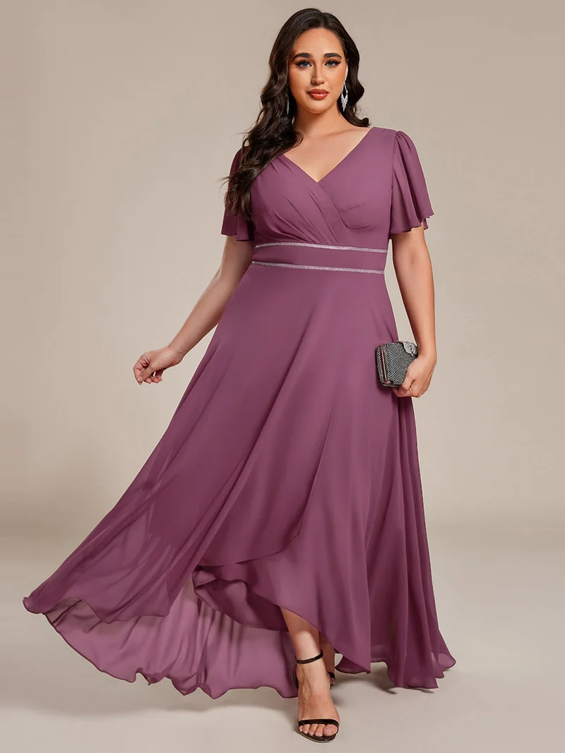 pretty DAKOTA|Robe de soirée longue en mousseline de soie à col en V et strass grande taille