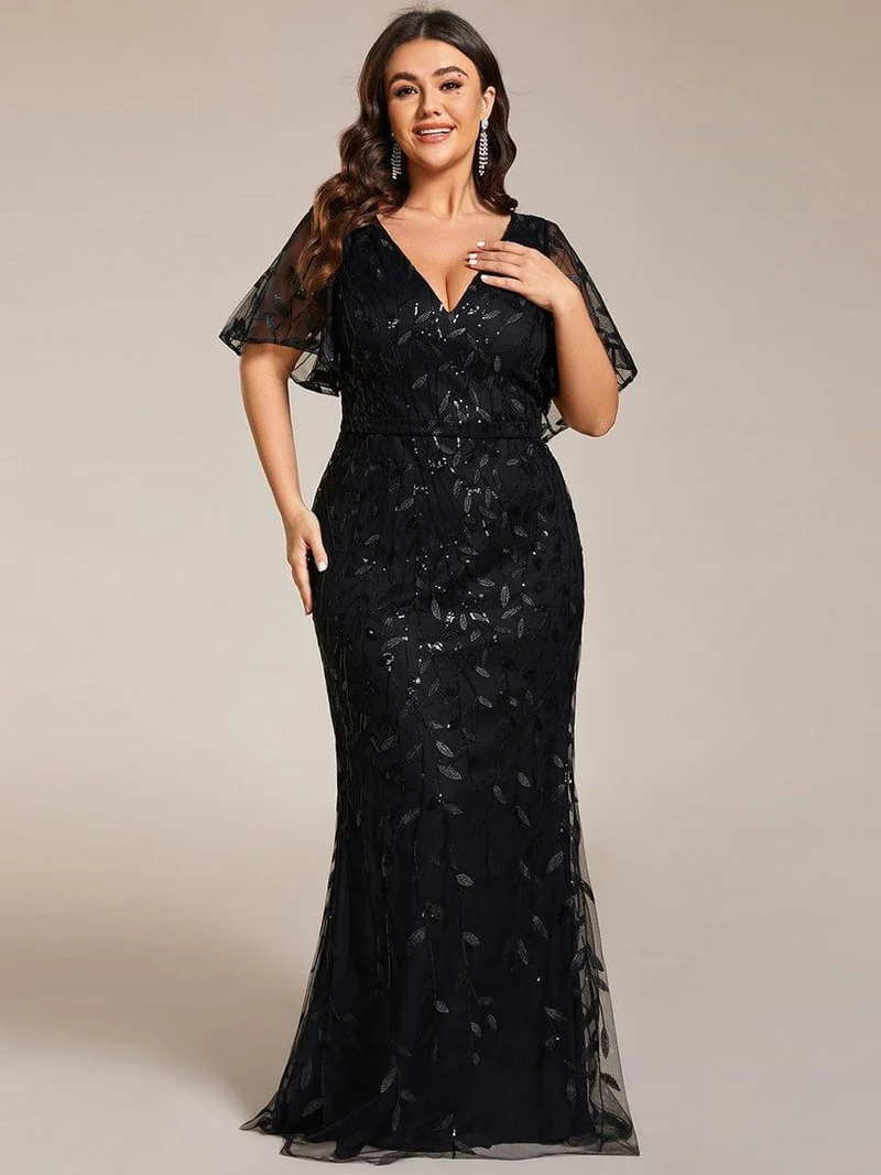 pretty DIONE|Robe de soirée sirène à paillettes et tulle à col en V grande taille
