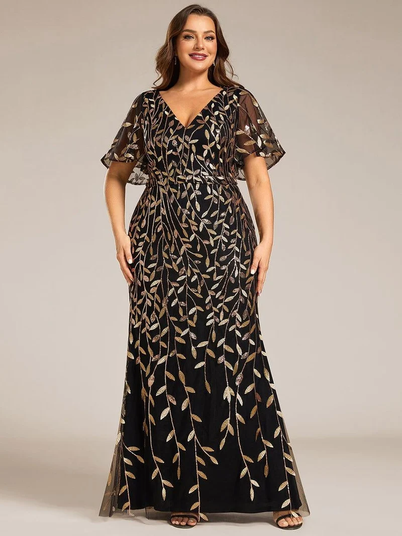 pretty DIONE|Robe de soirée sirène à paillettes et tulle à col en V grande taille