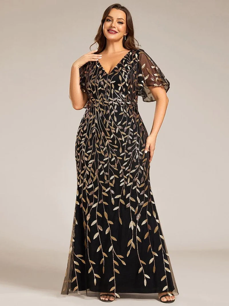 pretty DIONE|Robe de soirée sirène à paillettes et tulle à col en V grande taille