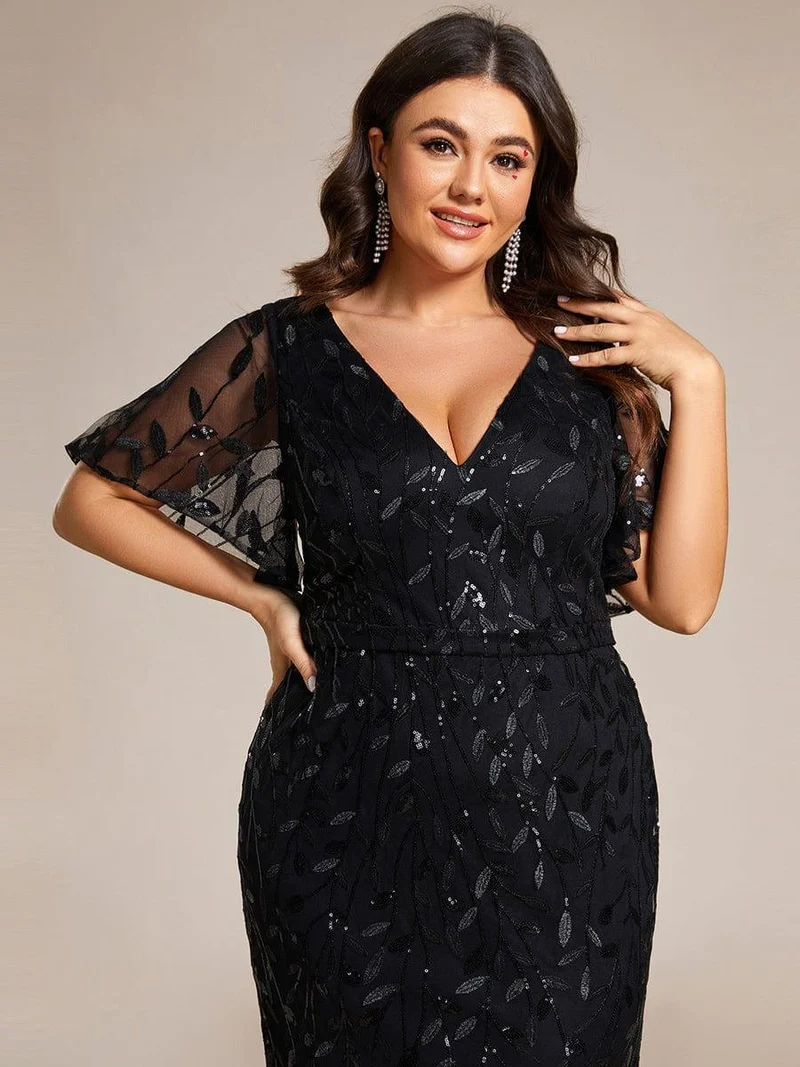 pretty DIONE|Robe de soirée sirène à paillettes et tulle à col en V grande taille