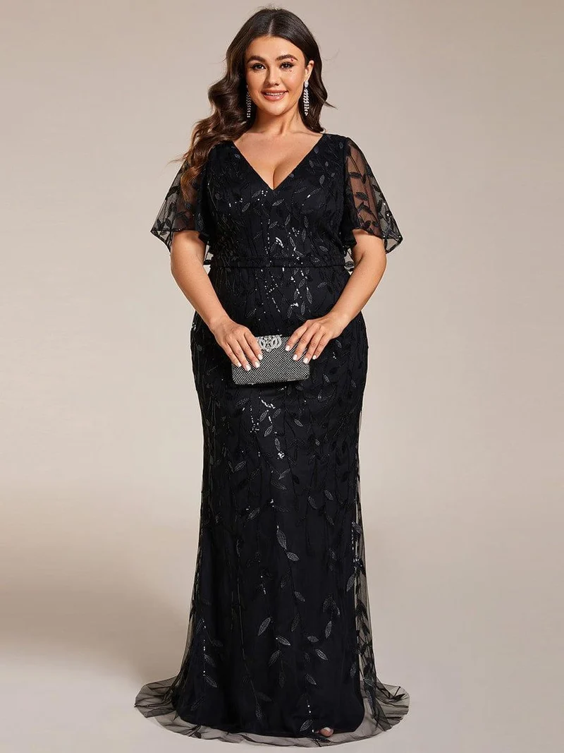 pretty DIONE|Robe de soirée sirène à paillettes et tulle à col en V grande taille