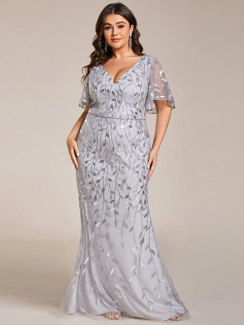 pretty DIONE|Robe de soirée sirène à paillettes et tulle à col en V grande taille