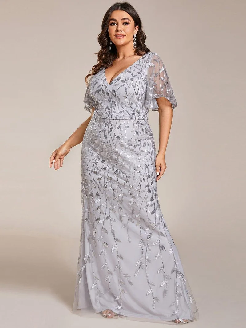pretty DIONE|Robe de soirée sirène à paillettes et tulle à col en V grande taille