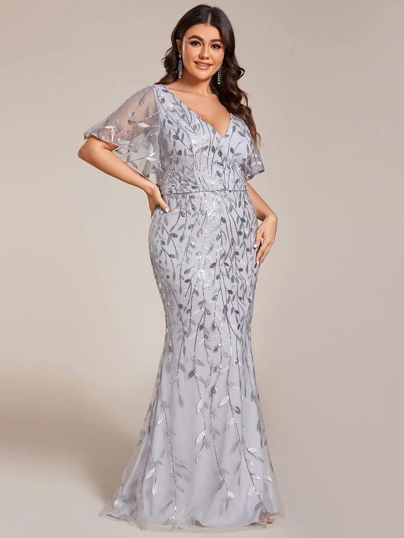 pretty DIONE|Robe de soirée sirène à paillettes et tulle à col en V grande taille