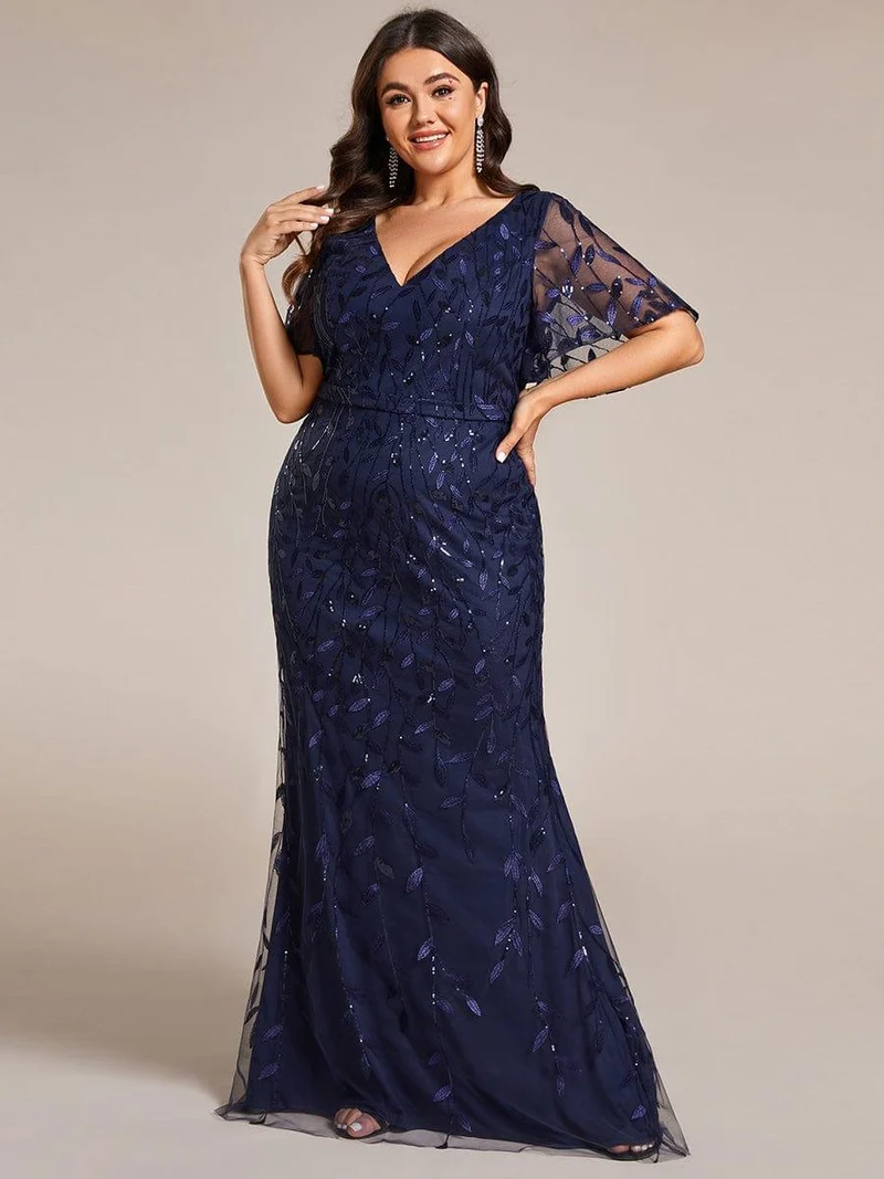 pretty DIONE|Robe de soirée sirène à paillettes et tulle à col en V grande taille