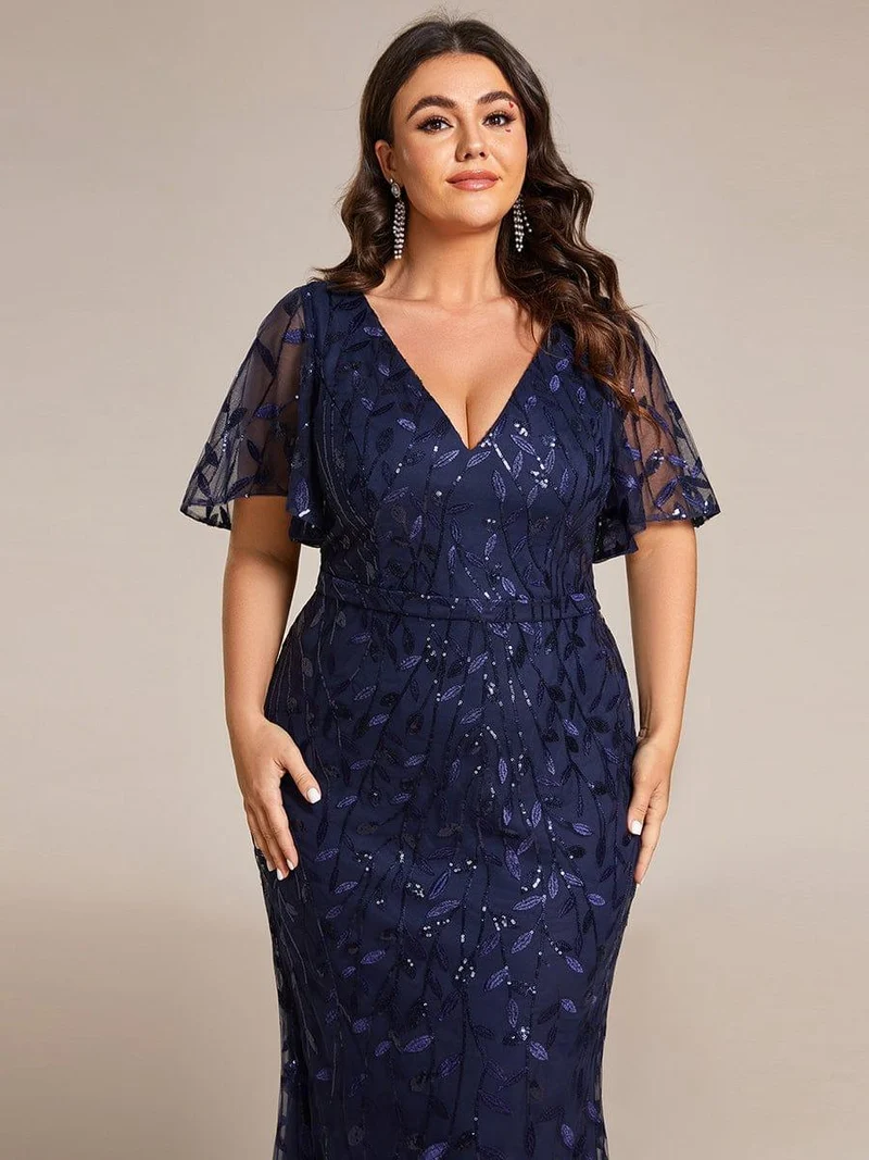 pretty DIONE|Robe de soirée sirène à paillettes et tulle à col en V grande taille
