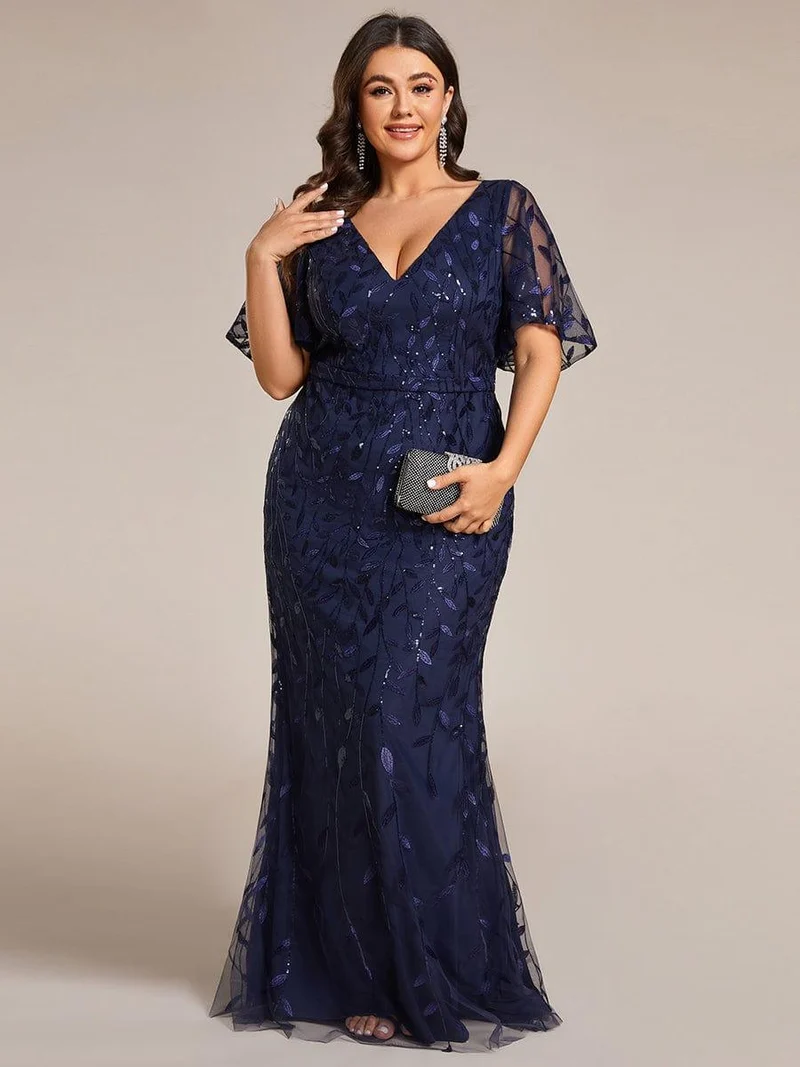 pretty DIONE|Robe de soirée sirène à paillettes et tulle à col en V grande taille