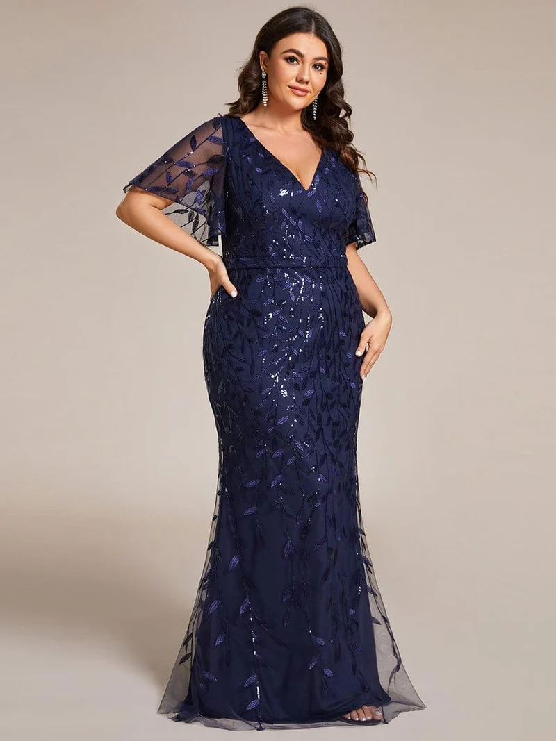 pretty DIONE|Robe de soirée sirène à paillettes et tulle à col en V grande taille