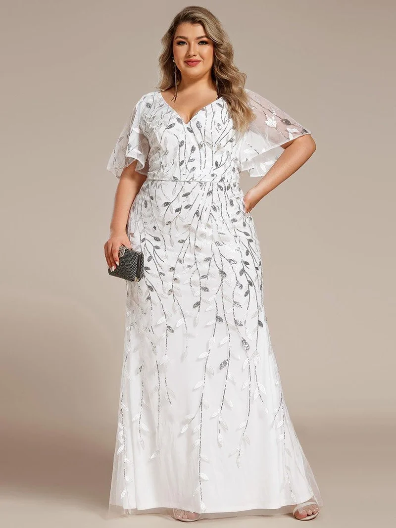 pretty DIONE|Robe de soirée sirène à paillettes et tulle à col en V grande taille