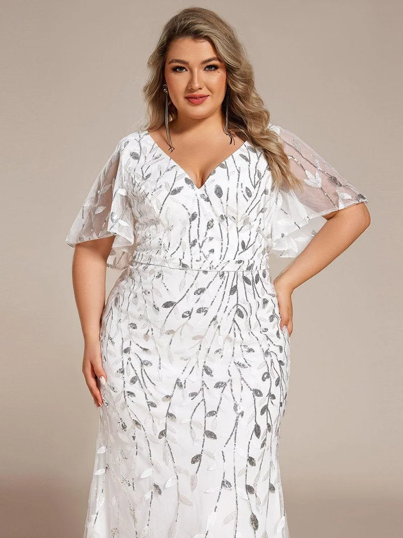 pretty DIONE|Robe de soirée sirène à paillettes et tulle à col en V grande taille