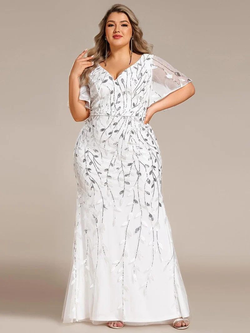 pretty DIONE|Robe de soirée sirène à paillettes et tulle à col en V grande taille