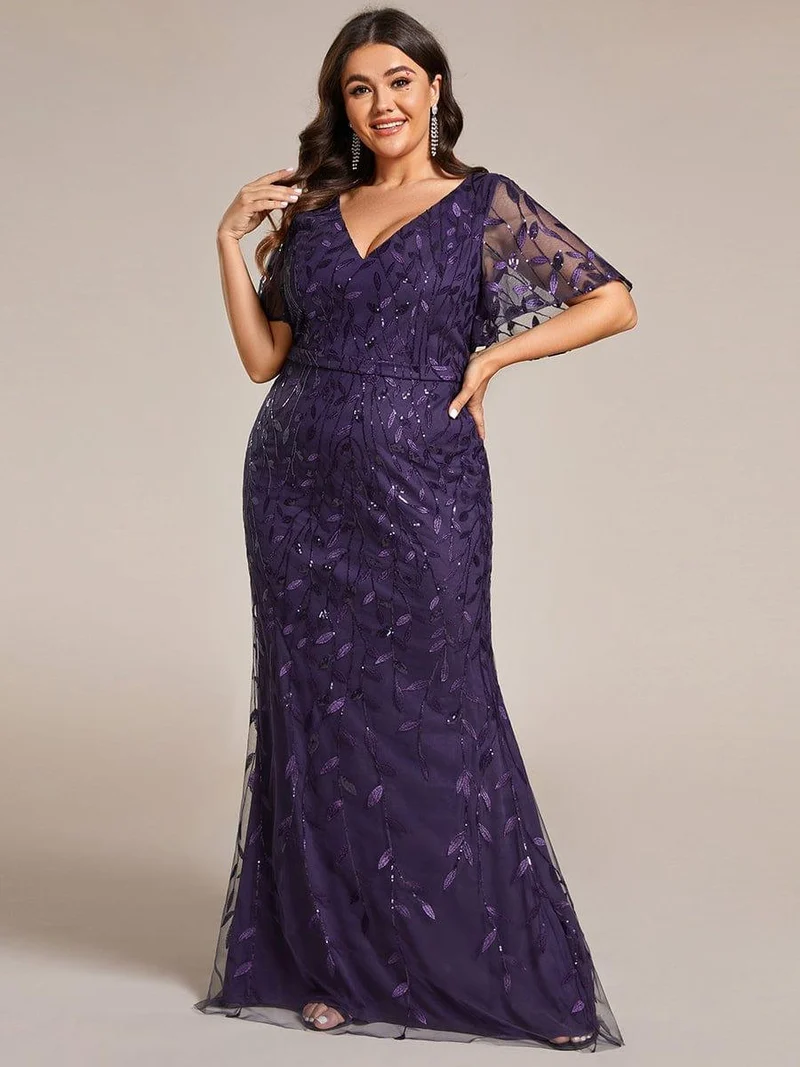 pretty DIONE|Robe de soirée sirène à paillettes et tulle à col en V grande taille