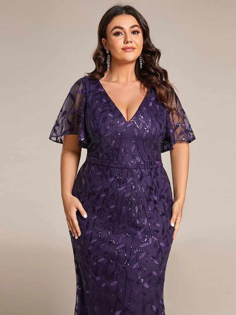 pretty DIONE|Robe de soirée sirène à paillettes et tulle à col en V grande taille