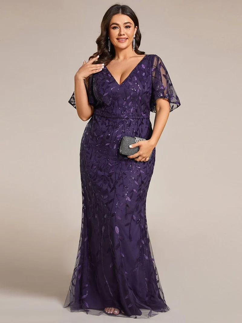 pretty DIONE|Robe de soirée sirène à paillettes et tulle à col en V grande taille