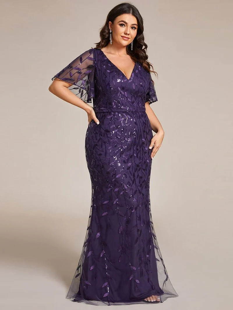 pretty DIONE|Robe de soirée sirène à paillettes et tulle à col en V grande taille