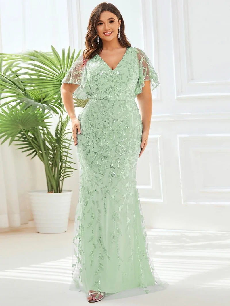 pretty DIONE|Robe de soirée sirène à paillettes et tulle à col en V grande taille