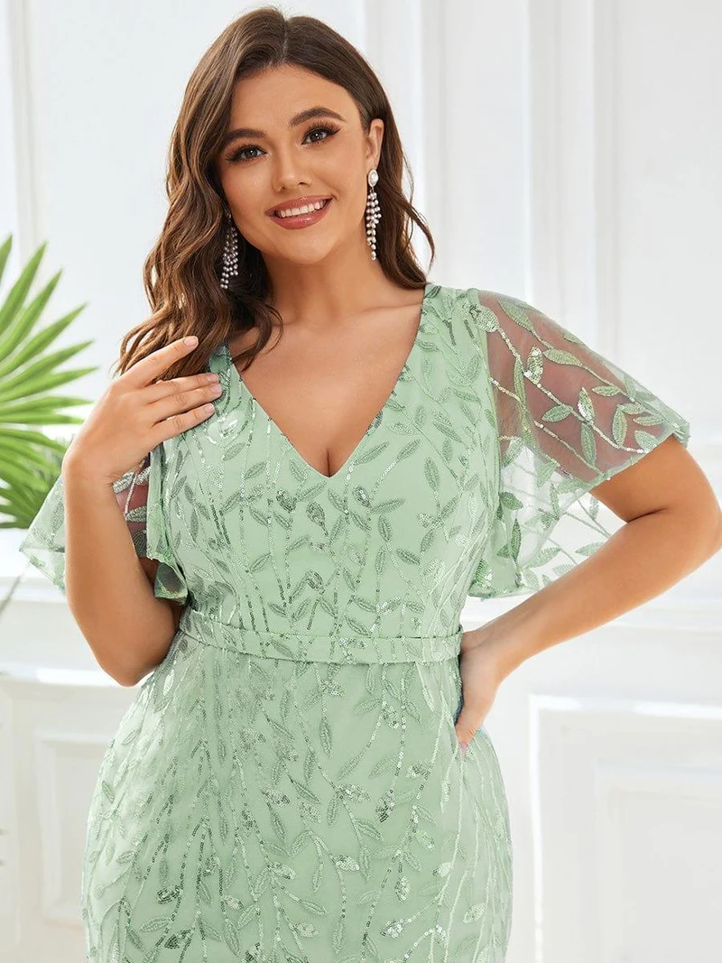 pretty DIONE|Robe de soirée sirène à paillettes et tulle à col en V grande taille