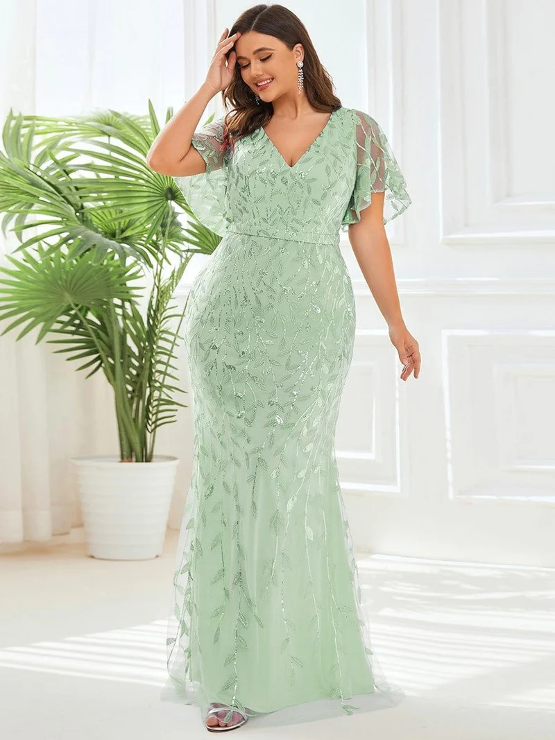 pretty DIONE|Robe de soirée sirène à paillettes et tulle à col en V grande taille