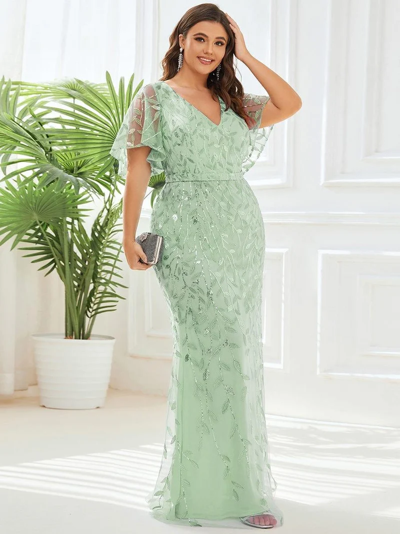 pretty DIONE|Robe de soirée sirène à paillettes et tulle à col en V grande taille