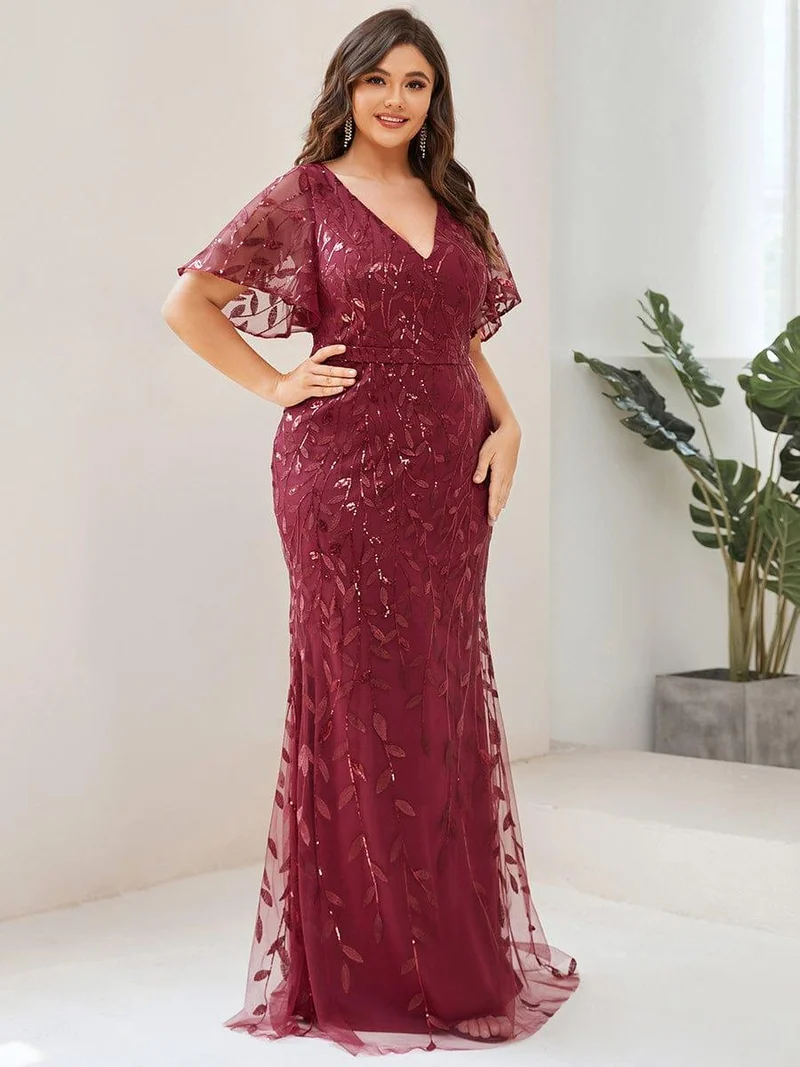 pretty DIONE|Robe de soirée sirène à paillettes et tulle à col en V grande taille