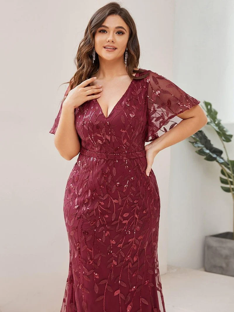 pretty DIONE|Robe de soirée sirène à paillettes et tulle à col en V grande taille