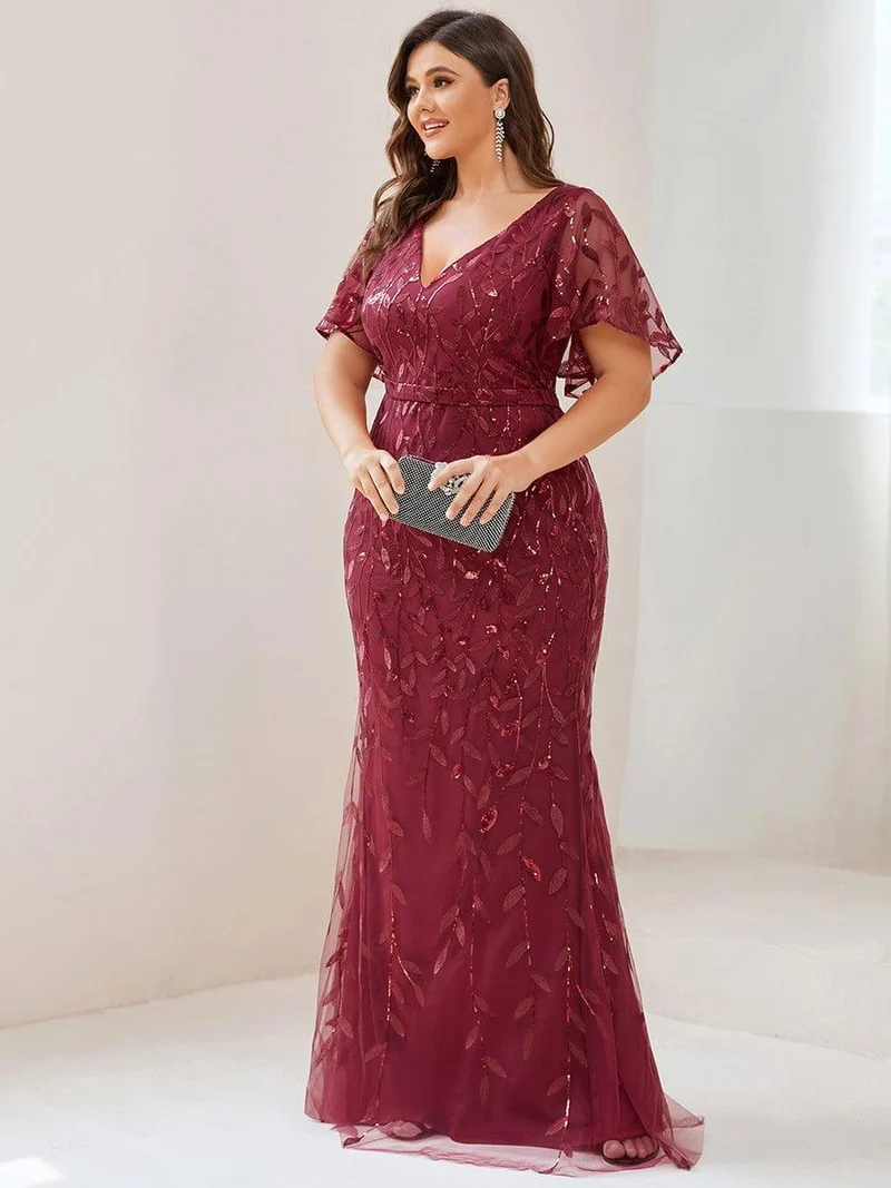 pretty DIONE|Robe de soirée sirène à paillettes et tulle à col en V grande taille