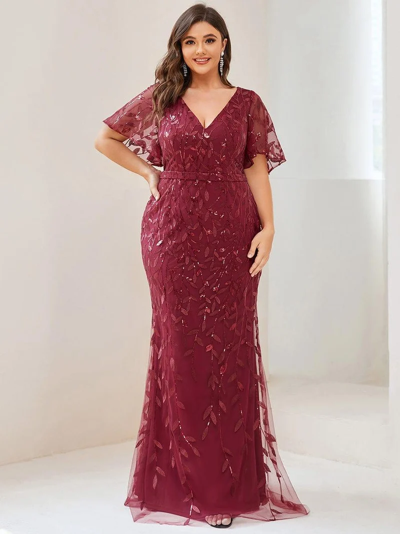pretty DIONE|Robe de soirée sirène à paillettes et tulle à col en V grande taille