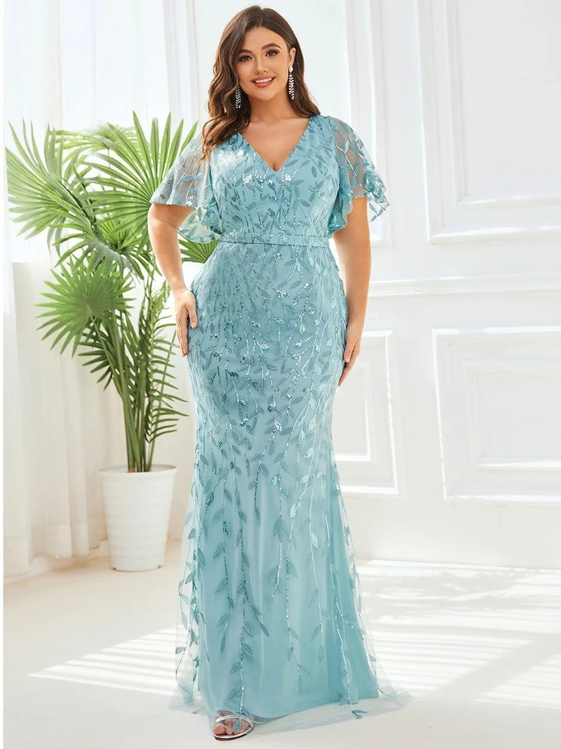 pretty DIONE|Robe de soirée sirène à paillettes et tulle à col en V grande taille