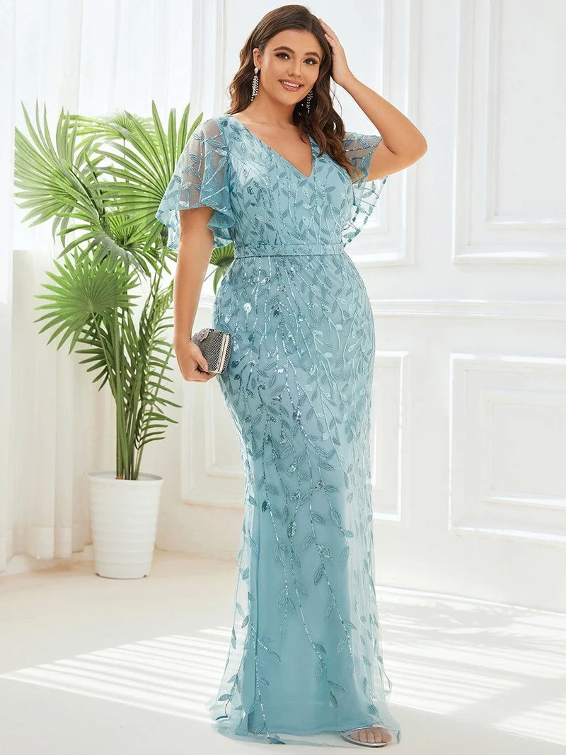 pretty DIONE|Robe de soirée sirène à paillettes et tulle à col en V grande taille