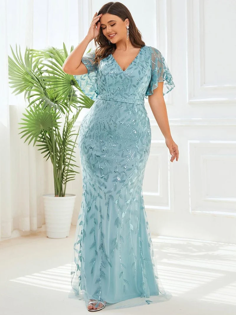 pretty DIONE|Robe de soirée sirène à paillettes et tulle à col en V grande taille