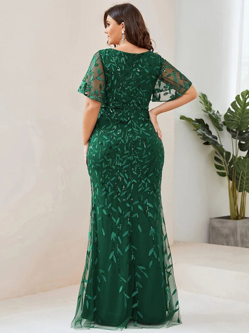 pretty DIONE|Robe de soirée sirène à paillettes et tulle à col en V grande taille
