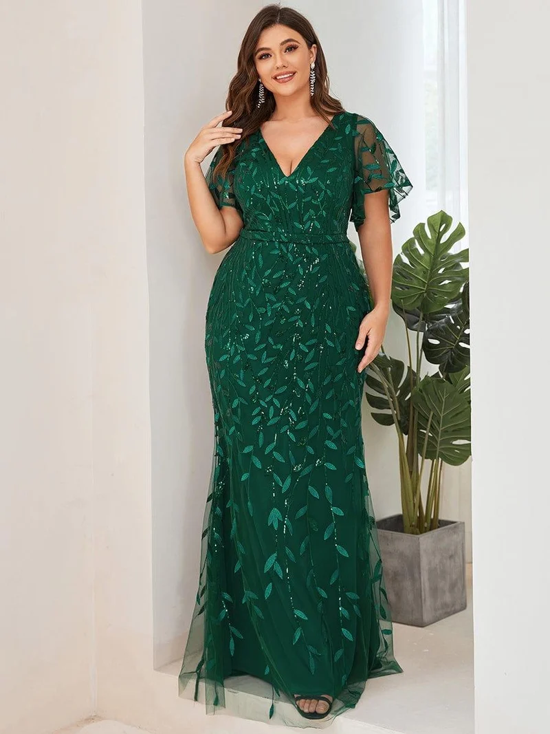 pretty DIONE|Robe de soirée sirène à paillettes et tulle à col en V grande taille