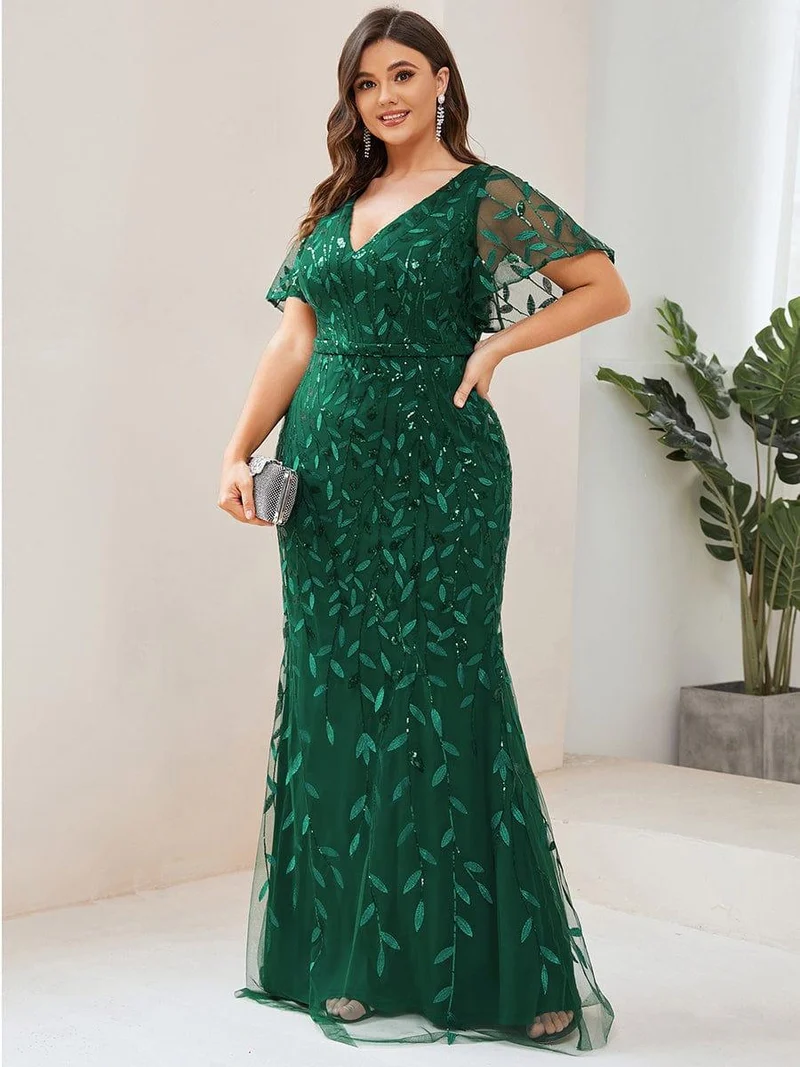 pretty DIONE|Robe de soirée sirène à paillettes et tulle à col en V grande taille