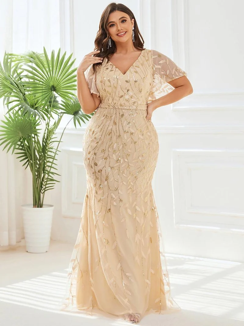 pretty DIONE|Robe de soirée sirène à paillettes et tulle à col en V grande taille