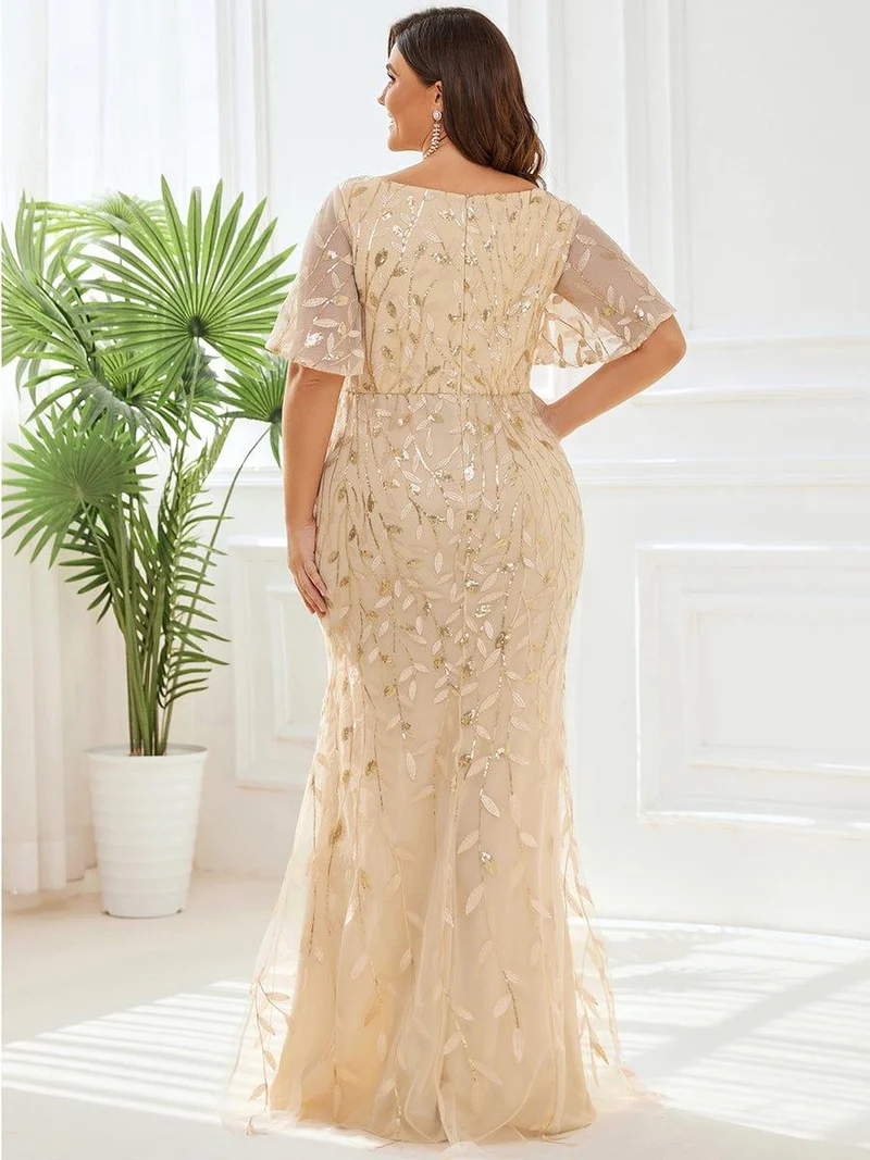 pretty DIONE|Robe de soirée sirène à paillettes et tulle à col en V grande taille