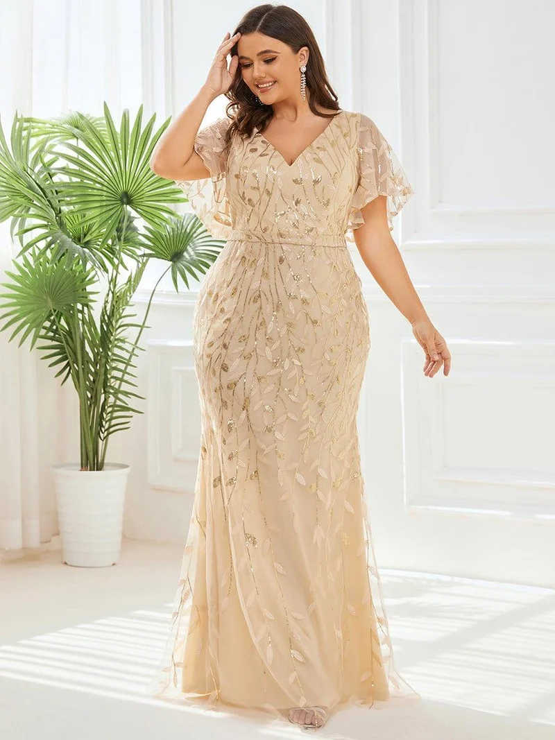 pretty DIONE|Robe de soirée sirène à paillettes et tulle à col en V grande taille