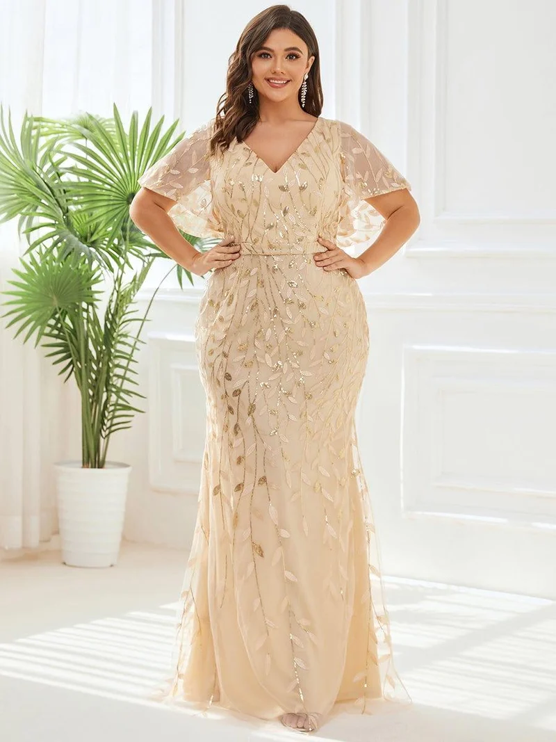 pretty DIONE|Robe de soirée sirène à paillettes et tulle à col en V grande taille
