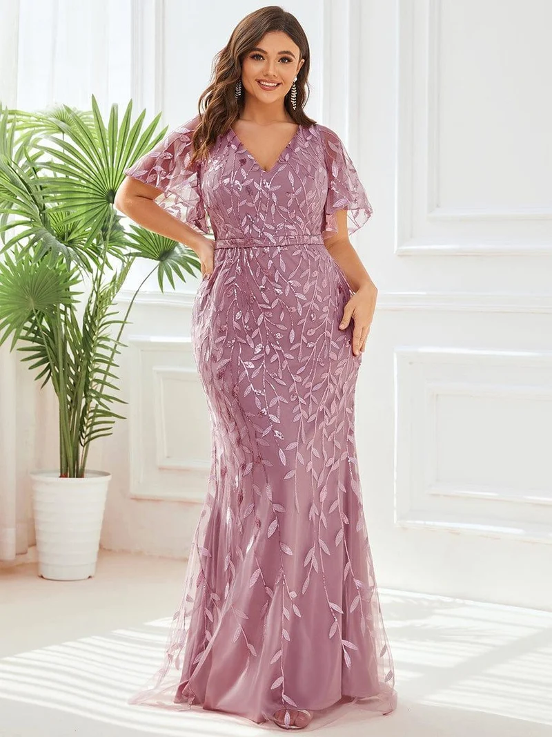 pretty DIONE|Robe de soirée sirène à paillettes et tulle à col en V grande taille