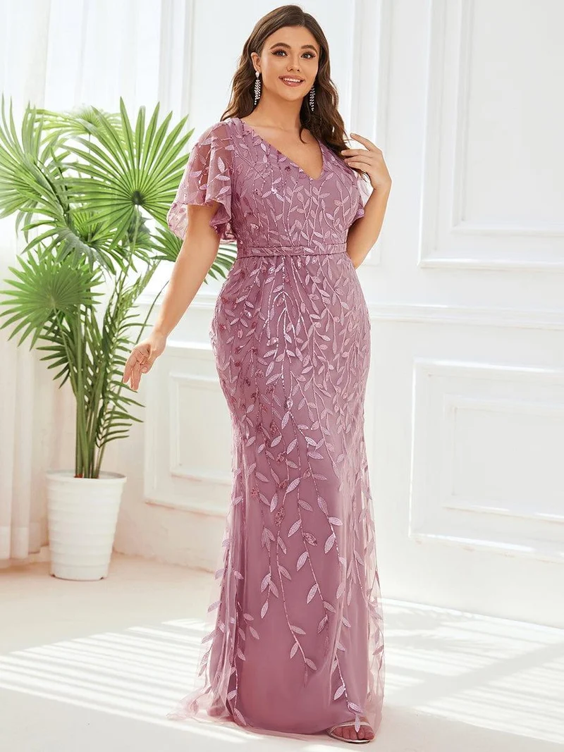 pretty DIONE|Robe de soirée sirène à paillettes et tulle à col en V grande taille