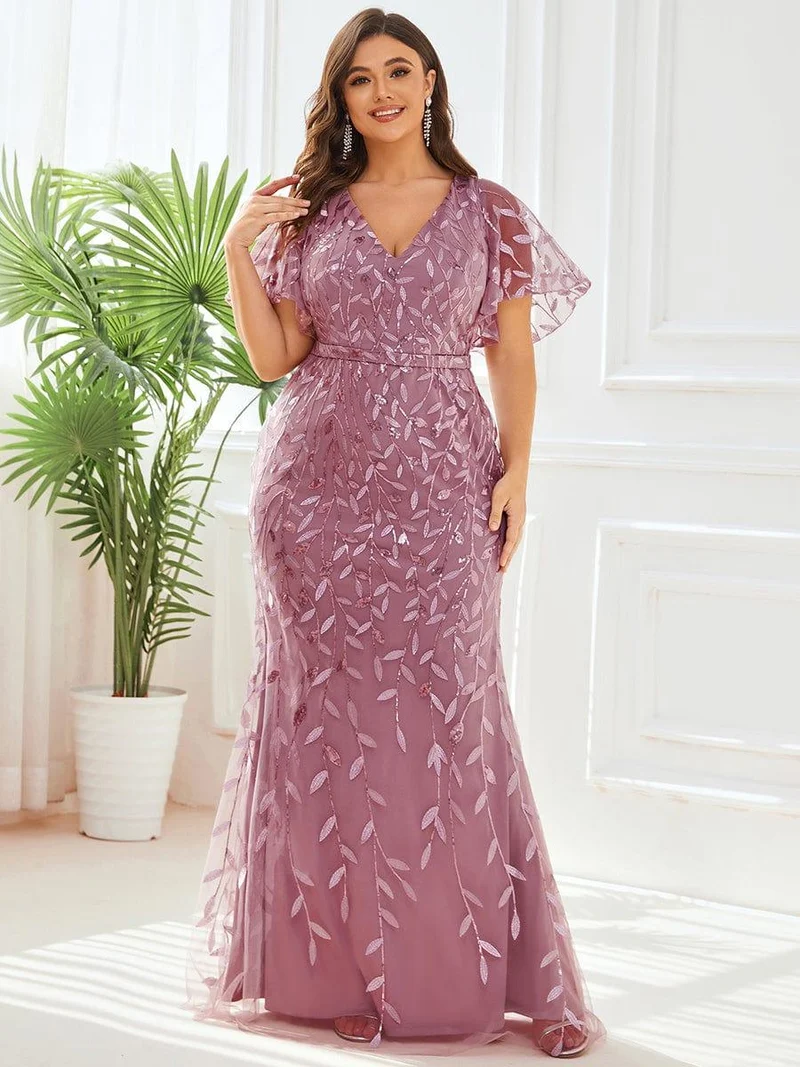 pretty DIONE|Robe de soirée sirène à paillettes et tulle à col en V grande taille