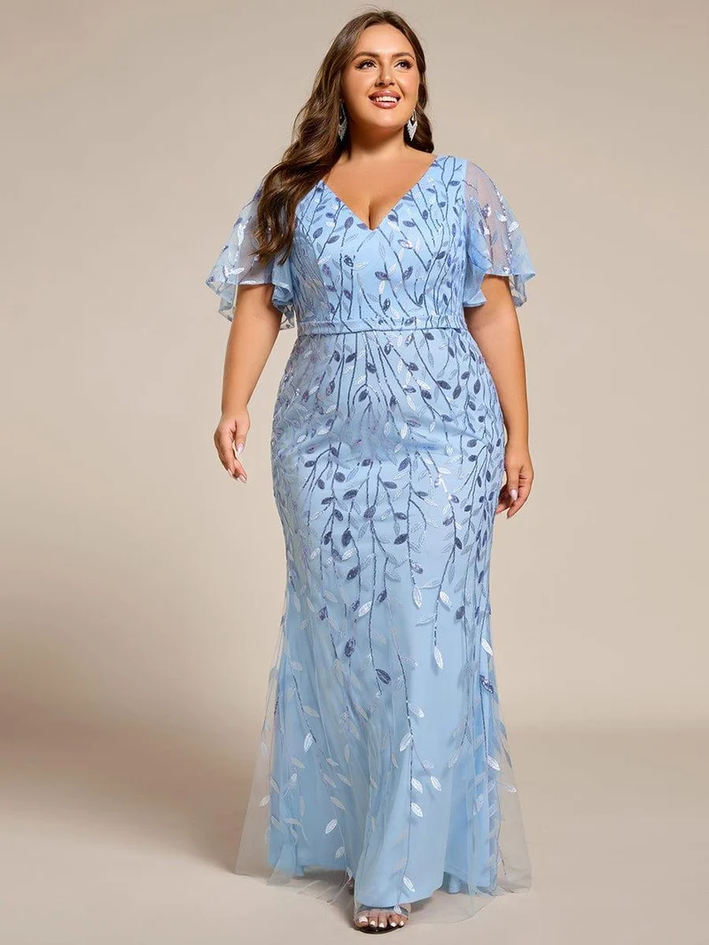 pretty DIONE|Robe de soirée sirène à paillettes et tulle à col en V grande taille