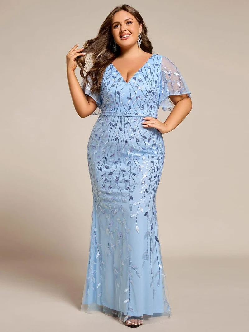 pretty DIONE|Robe de soirée sirène à paillettes et tulle à col en V grande taille