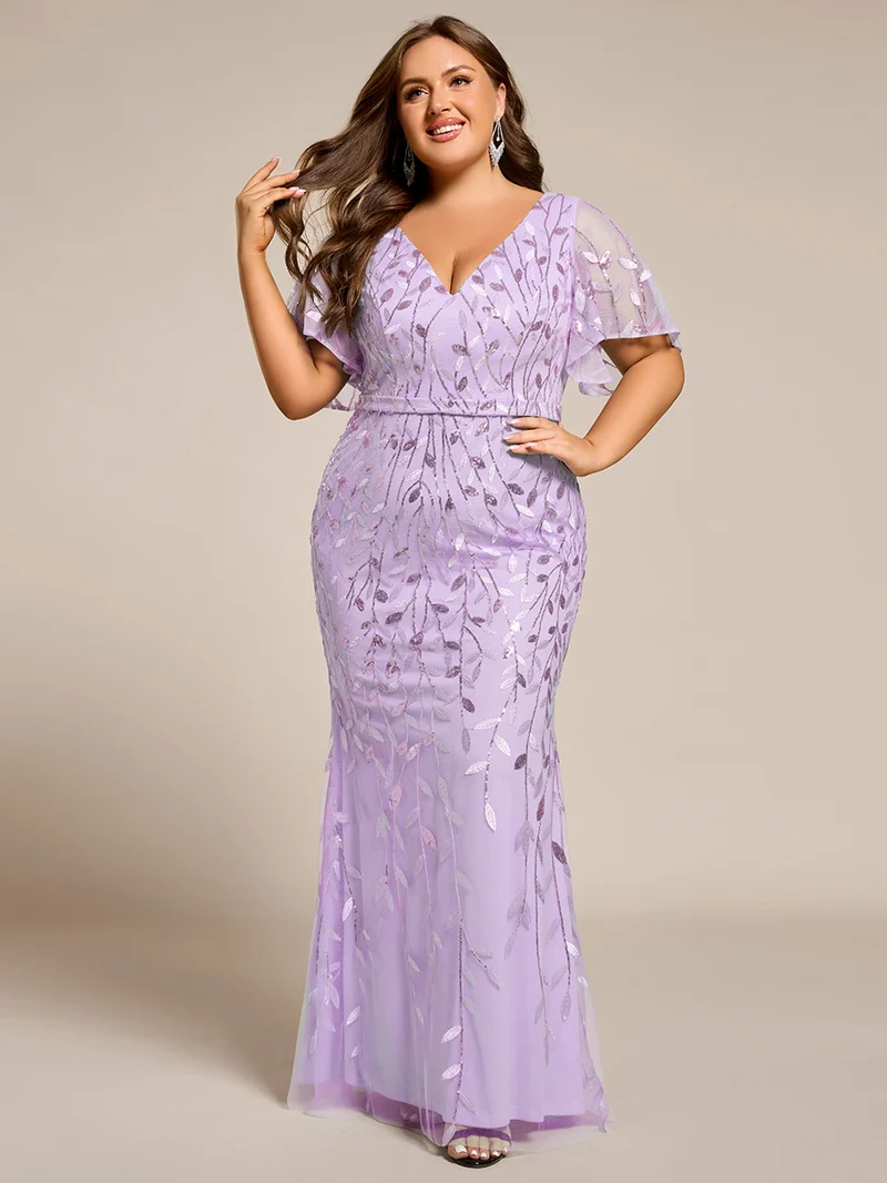 pretty DIONE|Robe de soirée sirène à paillettes et tulle à col en V grande taille