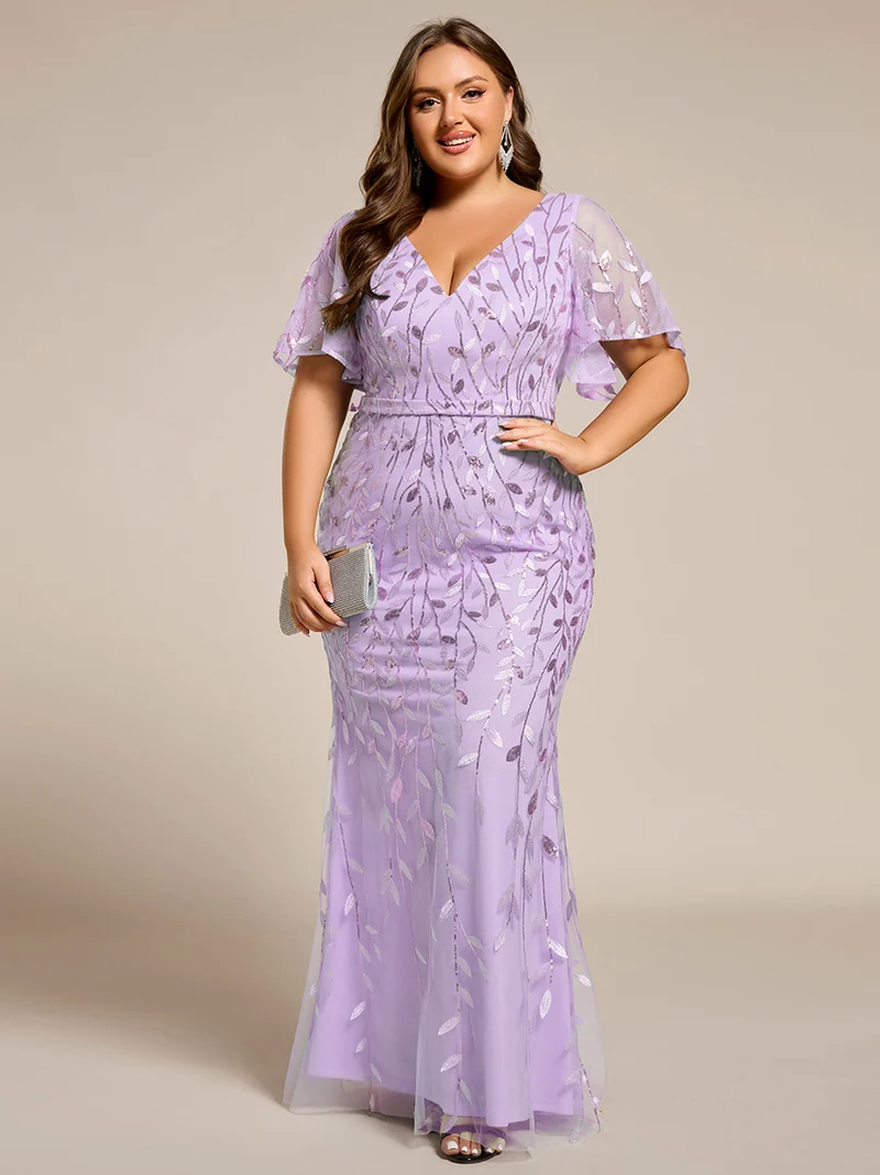 pretty DIONE|Robe de soirée sirène à paillettes et tulle à col en V grande taille